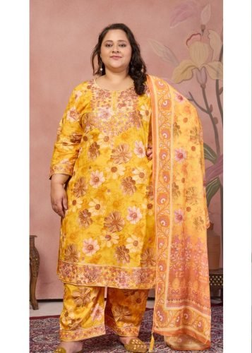 Makhi Premium Cambic Cotton Export Quality With Embroidery work Kurtis Pent Dupatta Set Yellow Color Vol 1