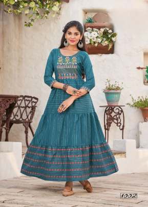 Mamta Vol 1 Dolphin Cotton With Flair And Anarkali Embroidery Work Kurti Sky Blue Color DN 1002