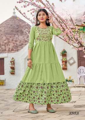 Mamta Vol 1 Dolphin Cotton With Flair And Anarkali Embroidery Work Kurti Pista Color DN 1003