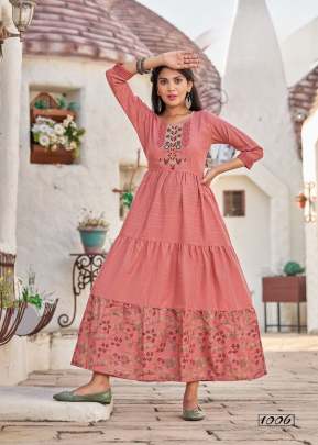 Mamta Vol 1 Dolphin Cotton With Flair And Anarkali Embroidery Work Kurti Peach Color DN 1006