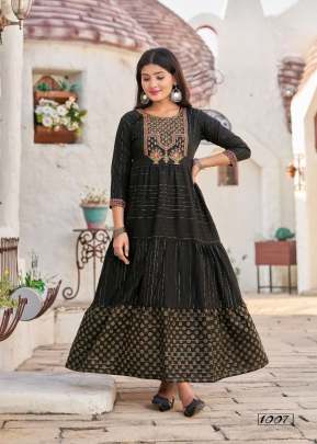 Mamta Vol 1 Dolphin Cotton With Flair And Anarkali Embroidery Work Kurti Black Color DN 1007