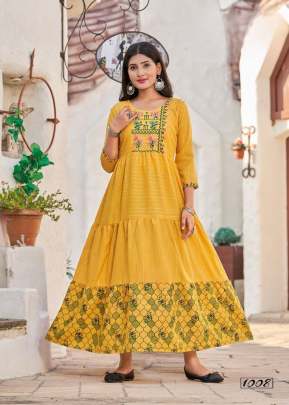 Mamta Vol 1 Dolphin Cotton With Flair And Anarkali Embroidery Work Kurti Yellow Color DN 1008