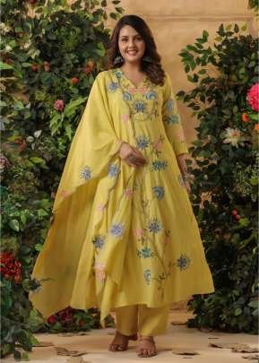 Mannat Pure Viscose Chanderi With Embroidered Anarkali 3 Piece Kurti Set Yellow Color