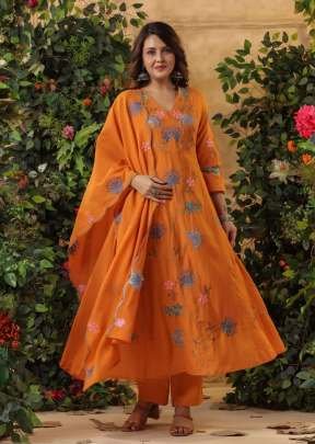 Mannat Pure Viscose Chanderi With Embroidered Anarkali 3 Piece Kurti Set Orange Color