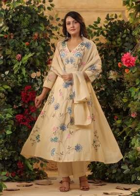 Mannat Pure Viscose Chanderi With Embroidered Anarkali 3 Piece Kurti Set Cream Color