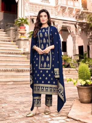 Marishi Heavy Rayon With Gauranteed Foil Print Kurti With Bottom Dupatta Nevy Blue Color DN 1001