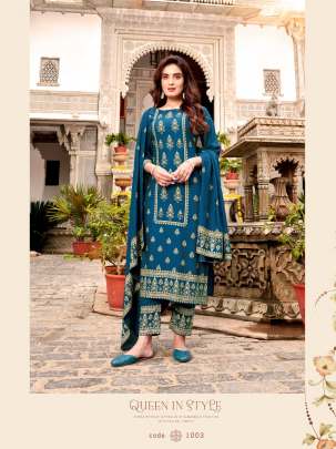 Marishi Heavy Rayon With Gauranteed Foil Print Kurti With Bottom Dupatta Blue Color DN 1002