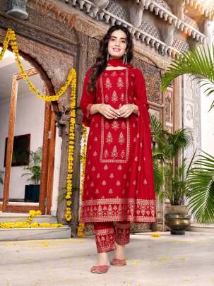 Marishi Heavy Rayon With Gauranteed Foil Print Kurti With Bottom Dupatta Red Color DN 1003