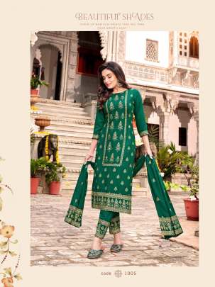 Marishi Heavy Rayon With Gauranteed Foil Print Kurti With Bottom Dupatta Green Color DN 1004