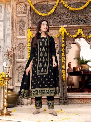 Marishi Heavy Rayon With Gauranteed Foil Print Kurti With Bottom Dupatta Black Color DN 1005