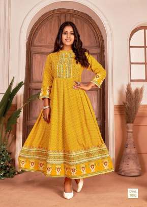 Mayanthara Vol 1 14 Kg  Rayon Jaipuri Print Anarkali Kurtis Yellow Color DN 1003