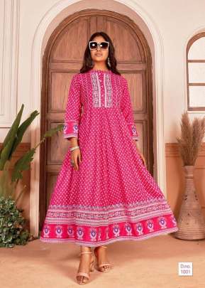 Mayanthara Vol 1 14 Kg  Rayon Jaipuri Print Anarkali Kurtis Pink Color DN 1001