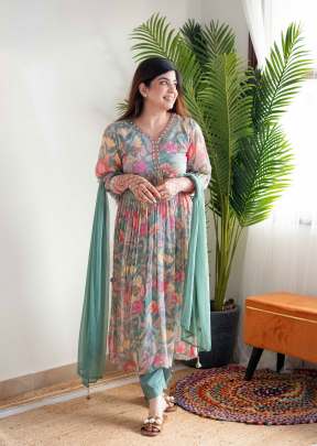 Mehera Green Floral Alia Cut Chinon With Mirror Work Kurti With Bottom And Dupatta 