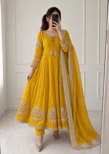 Mishri Premium Designer Pure Mul Chanderi  With Handwork Anarkali Gown  Elegant And Classy Look Mustard Yellow  DN 1410