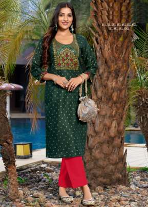 Mitya Designer Rayon Gold Print With Embroidery Work Kurti Green Color DN 1001