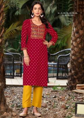 Mitya Designer Rayon Gold Print With Embroidery Work Kurti Red Color DN 1002