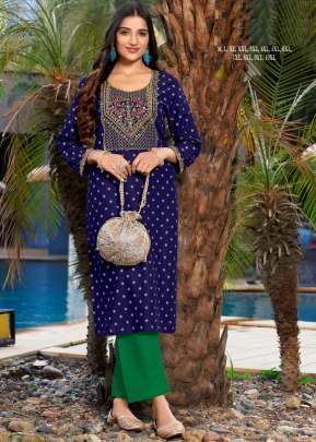 Mitya Designer Rayon Gold Print With Embroidery Work Kurti Blue Color DN 1003