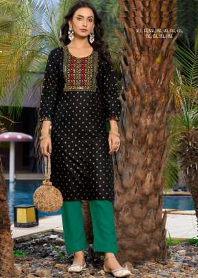 Mitya Designer Rayon Gold Print With Embroidery Work Kurti Black Color DN 1004