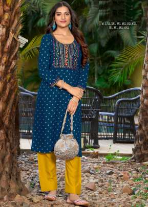 Mitya Designer Rayon Gold Print With Embroidery Work Kurti More Peach Color DN 1005