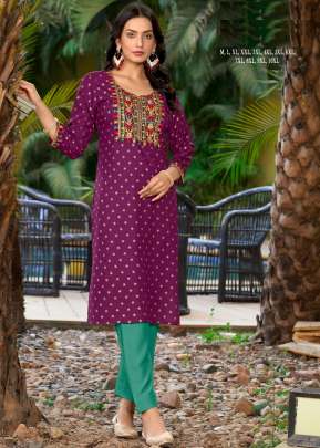 Mitya Designer Rayon Gold Print With Embroidery Work Kurti Rani Color DN 1006