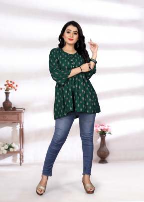 Modern India Vol 2 Rayon Western Printed Tops Rama Green Color