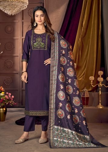 Monika Designer Vertical Silk Kurti Pant Dupatta Set With Heavy Sequence Embroidery In Purple Color