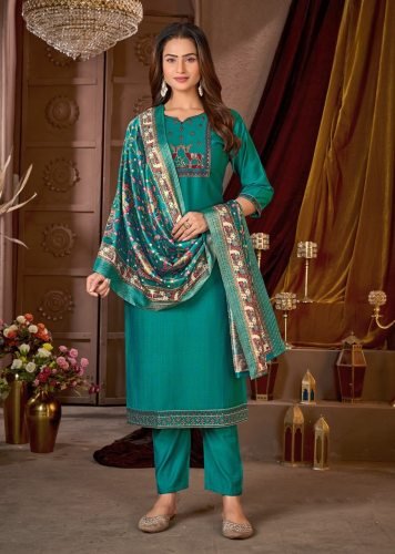 Monika Designer Vertical Silk Kurti Pant Dupatta Set With Heavy Sequence Embroidery In Teal Green Color