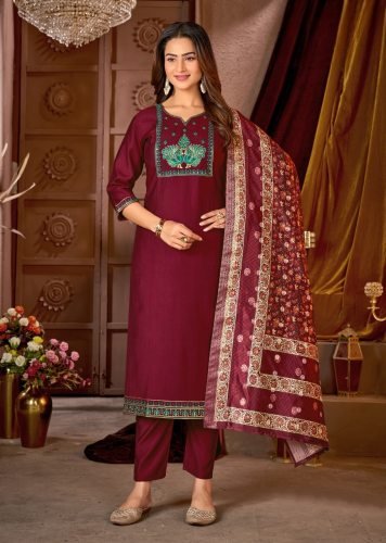 Monika Designer Vertical Silk Kurti Pant Dupatta Set With Heavy Sequence Embroidery In Maroon Color