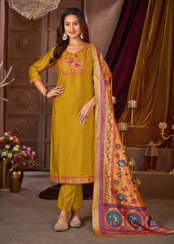 Monika Designer Vertical Silk Kurti Pant Dupatta Set With Heavy Sequence Embroidery In Mustard Yellow Color