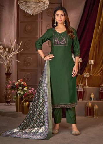 Monika Designer Vertical Silk Kurti Pant Dupatta Set With Heavy Sequence Embroidery In Dark Green Color