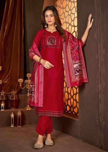 Monika Designer Vertical Silk Kurti Pant Dupatta Set With Heavy Sequence Embroidery In Red Color