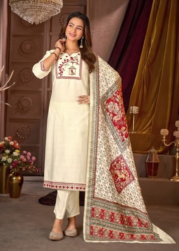 Monika Designer Vertical Silk Kurti Pant Dupatta Set With Heavy Sequence Embroidery In White Color