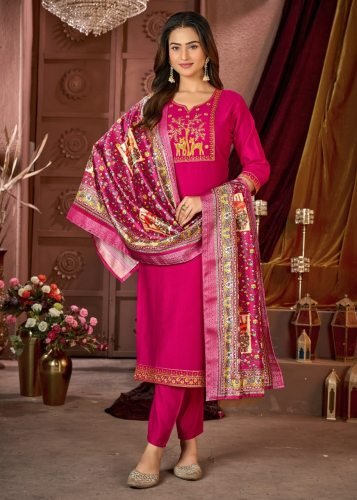 Monika Designer Vertical Silk Kurti Pant Dupatta Set With Heavy Sequence Embroidery In Rani Pink Color