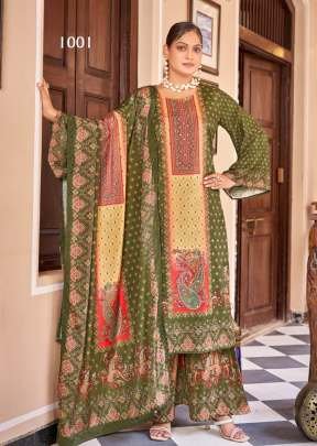 Natima Pure Crape Silk With Premium Digital Print Readymade Pakistani Suit Olive Green Color DN 1001