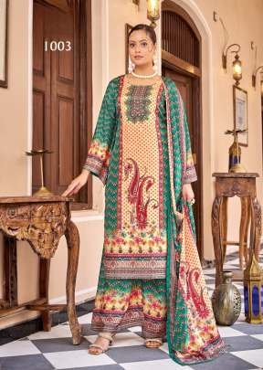 Natima Pure Crape Silk With Premium Digital Print Readymade Pakistani Suit Cream Color DN 1003