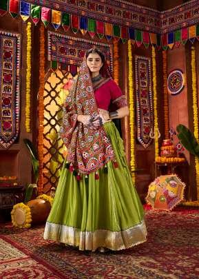 Navratri Festival Collection Chaniya Choli Silk With Blouse Thread Embroidery And Lace On Sleeve Green Color 