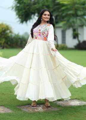 Navratri Festival Kora Cotton with Multi Thread Embroidered And Gota patti Work Anarkali Gown White Color DN 9253