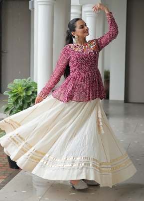 Navratri Festival Kora Cotton With Attractive Gota-Patti Lace With Bandhani Print Tops Lehenga Maroon Color DN 1184
