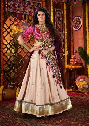 Navratri Festival Special Chaniya Choli Viscose Cotton Thread With Mirror And Lampi Bordering Beige Color
