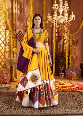Navratri Special Designer Viscose Cotton Thread Embroidery With Jacquard Patch Work Chaniya Choli Mustard Yellow 