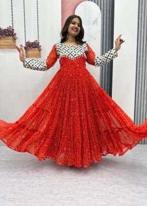 Navratri Special Fox Georgette And Gamthi Work With Kodi Lace Anarkali Gown Red Color DN N42