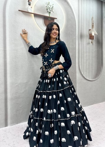 Navratri Special Pure Cotton Handcrafted Lehenga Choli With Real Kodi Work Black Color DN 181