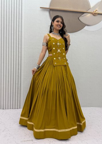 Navratri Special Pure Cotton Lehenga Choli With Real Kodi And Mirror Handwork Olive Green Color DN 581