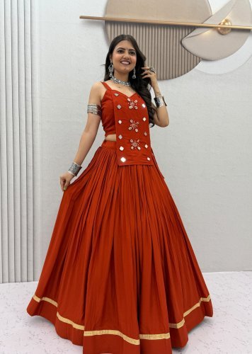 Navratri Special Pure Cotton Lehenga Choli With Real Kodi And Mirror Handwork Rust Orange Color DN 581