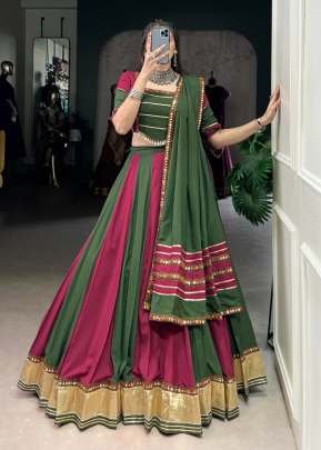 Navratri Special Pure Rayon With Lace Gotta Patti And Paper Mirror Work Lehenga Choly Green Color DN 1631
