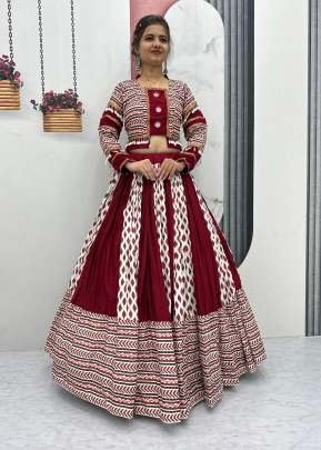 Navratri Special Riyon Cotton And Ajarakh Print With Real Mirror Work Lehenga Choli Maroon Color DN N41