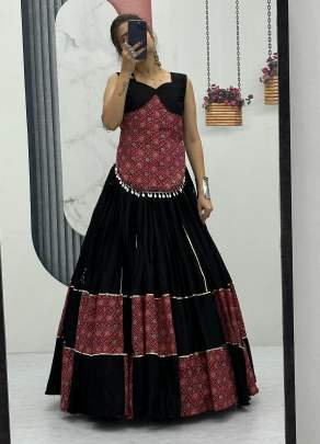 Navratri Special Traditional Pure Cotton Ajrakh Print Lehenga Choli Black Color DN 257 