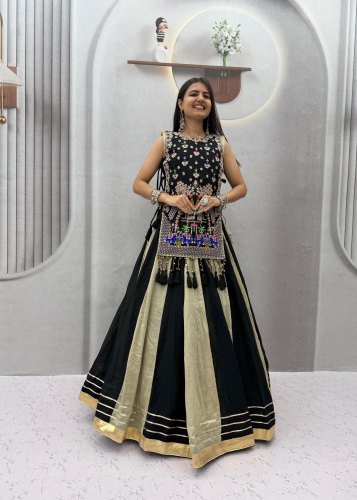 Navratri Special Vichitra Silk Lehenga Choli With Heavy Thread Sequence Work And Handwork Latkan Black And Beige Color DN 579A