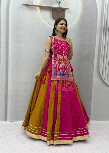 Navratri Special Vichitra Silk Lehenga Choli With Heavy Thread Sequence Work And Handwork Latkan Rani Pink Color DN 579A