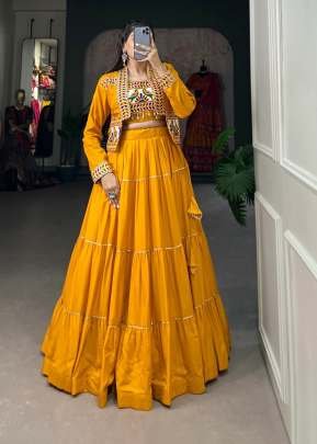 Navratri Style Pure Rayon And Embroidered With Gamthi Work And Koti Style Lehenga Choly Yellow Color DN 1606